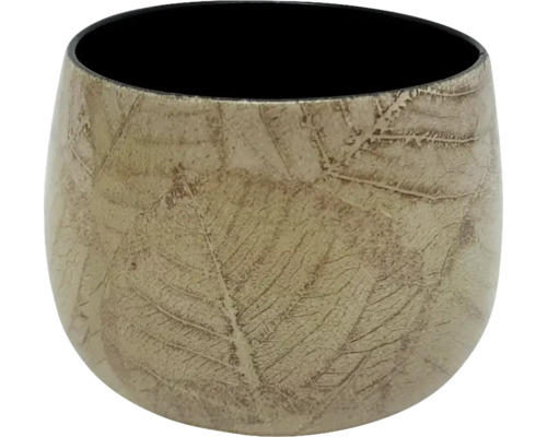 Cache-pot rond en céramique avec motif de feuilles beige en relief et intérieur noir.