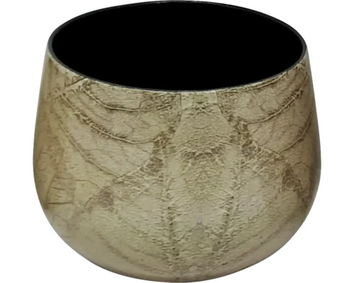 Cache-pot rond avec aspect feuille texturé et intérieur noir.
