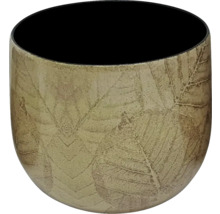 Cache-pot rond en céramique avec motif de feuilles en relief et intérieur sombre.