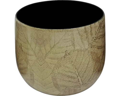 Cache-pot rond en céramique avec motif de feuilles en relief et intérieur sombre.