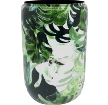 Vase cylindrique avec motif de feuilles tropicales de monstera.