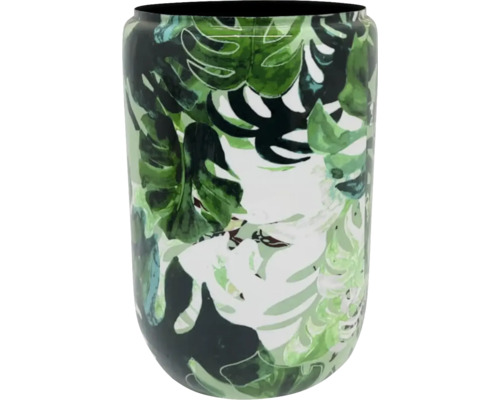 Vase cylindrique avec motif de feuilles tropicales de monstera.