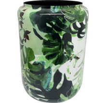 Vase cylindrique en verre orné de feuilles de Monstera vertes.