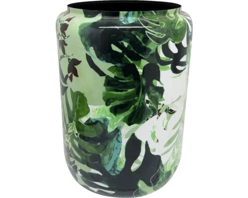 Vase cylindrique en verre orné de feuilles de Monstera vertes.