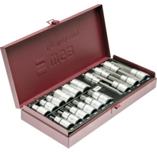 Jeu de douilles et d'embouts WGB en coffret métallique rouge avec embouts pour différents profils de vis.