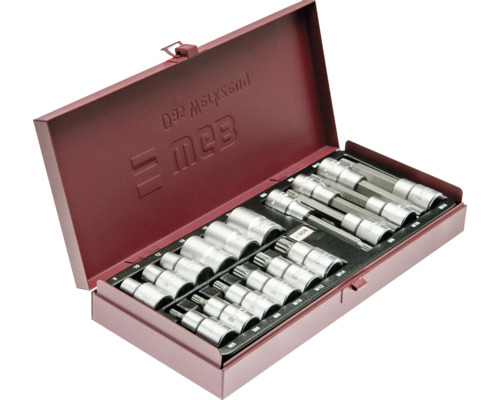Jeu de douilles et d'embouts WGB en coffret métallique rouge avec embouts pour différents profils de vis.