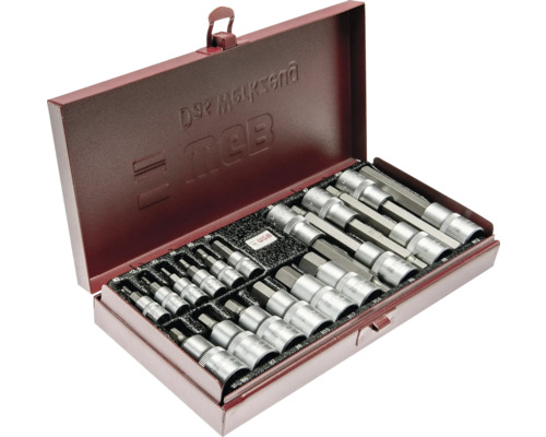 Coffret de douilles WGB en métal avec divers embouts hexagonaux en métal.