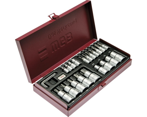 Jeu de douilles WGB pour vis Torx dans un coffret métallique rouge, plusieurs pièces.