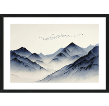 Tableau encadré avec paysage de montagne bleu de style aquarelle et oiseaux en vol.