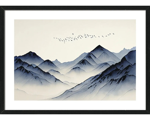 Tableau encadré avec paysage de montagne bleu de style aquarelle et oiseaux en vol.