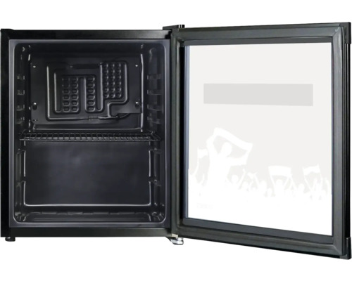 Mini-réfrigérateur noir ouvert avec une étagère grillagée et une porte vitrée avec motif.