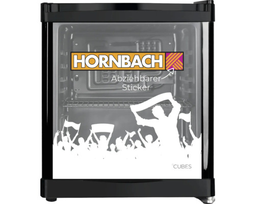 Kleiner Kühlschrank mit Hornbach Logo und abziehbarem Sticker mit Fan Motiv.