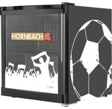 Mini-réfrigérateur avec Hornbach Logo, motif de football et silhouettes de supporters sur la porte vitrée.