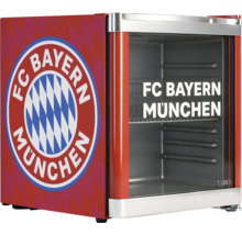 Mini-réfrigérateur compact avec FC Bayern München Logo, porte vitrée et clayette.