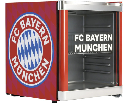 Mini-réfrigérateur compact avec FC Bayern München Logo, porte vitrée et clayette.