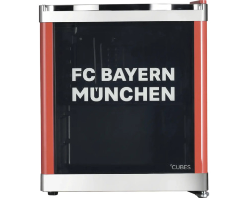 Mini-réfrigérateur FC Bayern München rouge de Cubes avec cadre argenté, porte vitrée et inscription.