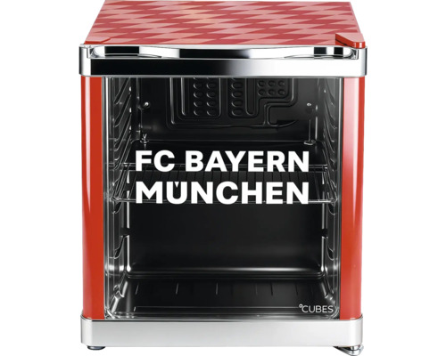 Mini réfrigérateur FC Bayern München avec motif à losanges, porte vitrée, grille métallique, boîtier rouge et Cubes Logo.