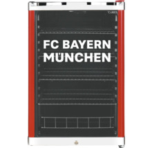 Réfrigérateur à boissons rouge avec logo FC Bayern München sur la porte vitrée, logo Cubes et étagères.