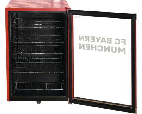 Mini réfrigérateur avec porte vitrée, FC Bayern München Logo et clayettes métalliques.