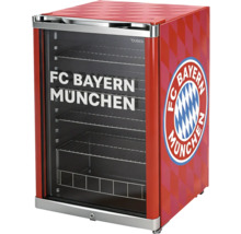 Mini-réfrigérateur rouge FC Bayern München avec porte vitrée, motif à losanges et FC Bayern München Logo.