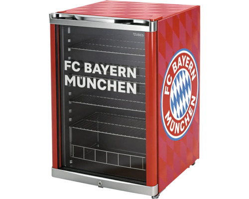 Mini-réfrigérateur rouge FC Bayern München avec porte vitrée, motif à losanges et FC Bayern München Logo.