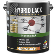 Peinture hybride Hornbach satinée en bidon métallique, intérieur et extérieur à base d'acrylique-alkyde, sec après circa 1 heure, Hornbach Logo.