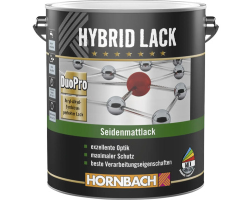 Peinture hybride Hornbach satinée en bidon métallique, intérieur et extérieur à base d'acrylique-alkyde, sec après circa 1 heure, Hornbach Logo.