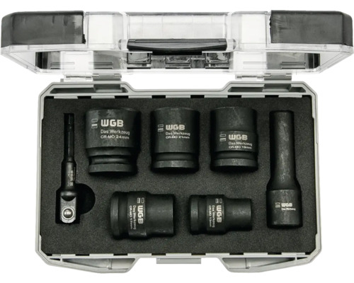 Jeu de douilles à chocs WGB 6 pièces en acier chrome-molybdène dans un coffret en plastique avec insert en mousse.