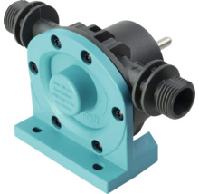Pompe pour perceuse Wolfcraft turquoise et noire en plastique avec raccords filetés pour tuyaux et arbre d'entraînement.
