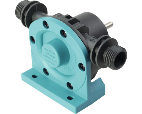 Pompe pour perceuse Wolfcraft turquoise et noire en plastique avec raccords filetés pour tuyaux et arbre d'entraînement.