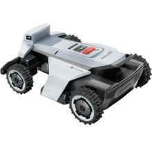 Robot tondeuse Segway Navimow gris et noir avec roues tout-terrain et écran numérique.