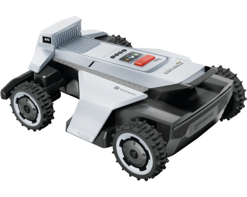 Robot tondeuse Segway Navimow gris et noir avec roues tout-terrain et écran numérique.