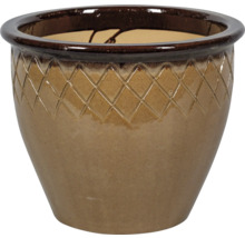 Pot de fleurs en céramique émaillée avec motif à losanges sur le bord supérieur.