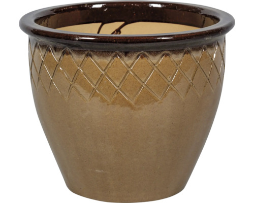 Pot de fleurs en céramique émaillée avec motif à losanges sur le bord supérieur.