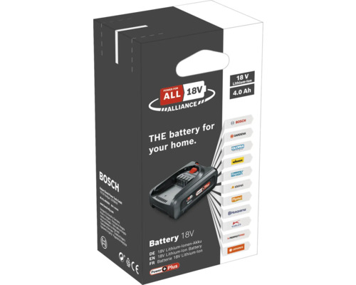 Emballage batterie lithium-ion Bosch 18 Volts, 4,0 Ampères-heures, Power for All Alliance.