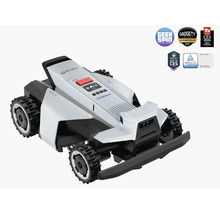 Robot tondeuse Segway Navimow blanc et noir avec pneus tout-terrain, panneau de commande, bouton d'arrêt et prix d'innovation.