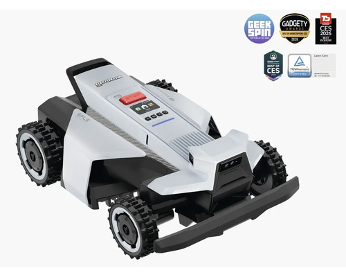 Robot tondeuse Segway Navimow blanc et noir avec pneus tout-terrain, panneau de commande, bouton d'arrêt et prix d'innovation.