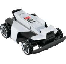 Robot tondeuse Segway Navimow blanc et noir avec pneus tout-terrain et écran.