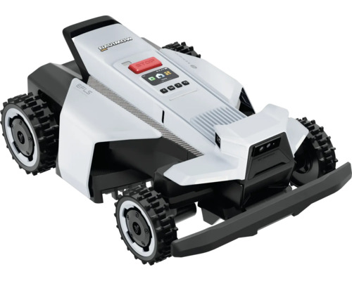 Robot tondeuse Segway Navimow blanc et noir avec pneus tout-terrain et écran.