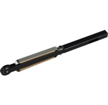 Schwarzer Fensterfeststeller aus Metall mit Korkeinlage und kleinem Rädchen.