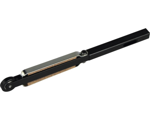 Schwarzer Fensterfeststeller aus Metall mit Korkeinlage und kleinem Rädchen.