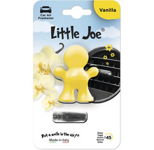 Little Joe Logo. Gelber Autolufterfrischer in Form einer Figur mit Vanilleduft und Clip für das Lüftungsgitter. Haltbarkeit circa 45 Tage.