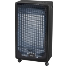 Schwarzer Rowi Gasheizofen mit Frontgitter und Rollen.