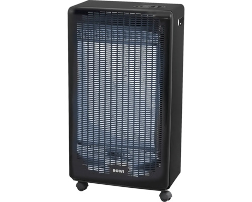 Schwarzer Rowi Gasheizofen mit Frontgitter und Rollen.