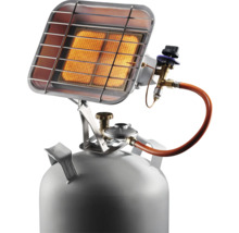 Chauffage à gaz radiant monté sur une bouteille de gaz avec grille de protection et tuyau de gaz.