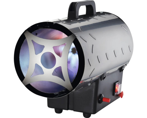 Tragbares Gasheizgebläse mit zylindrischem Metallgehäuse, schwarzem Sockel, Tragegriff und Frontgitter.