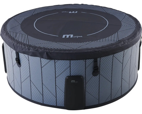 Spa gonflable rond MSpa avec motif géométrique, couvercle et MSpa Logo.