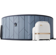 Jacuzzi gonflable avec motif géométrique bleu et une unité de commande externe blanche avec MSpa Logo.