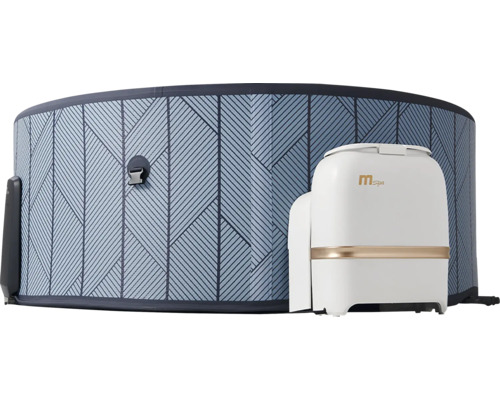 Jacuzzi gonflable avec motif géométrique bleu et une unité de commande externe blanche avec MSpa Logo.