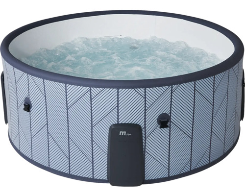 Spa gonflable rond MSpa avec motif géométrique gris et eau bouillonnante.